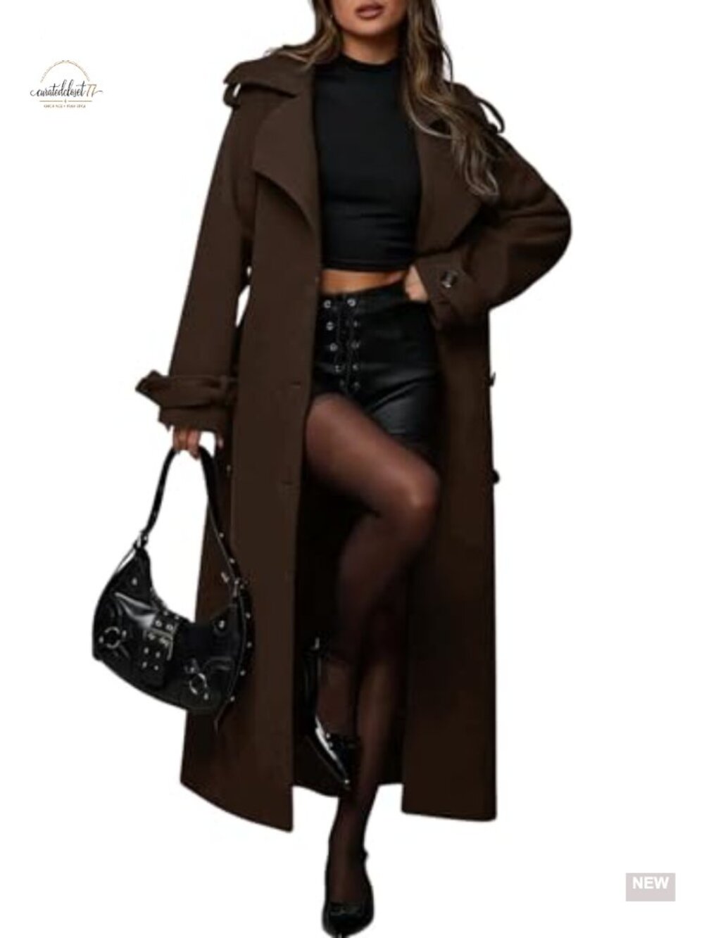 Wool Blend Double Breasted Midi Pea Coat Notch Lapel Belted Winter Trench